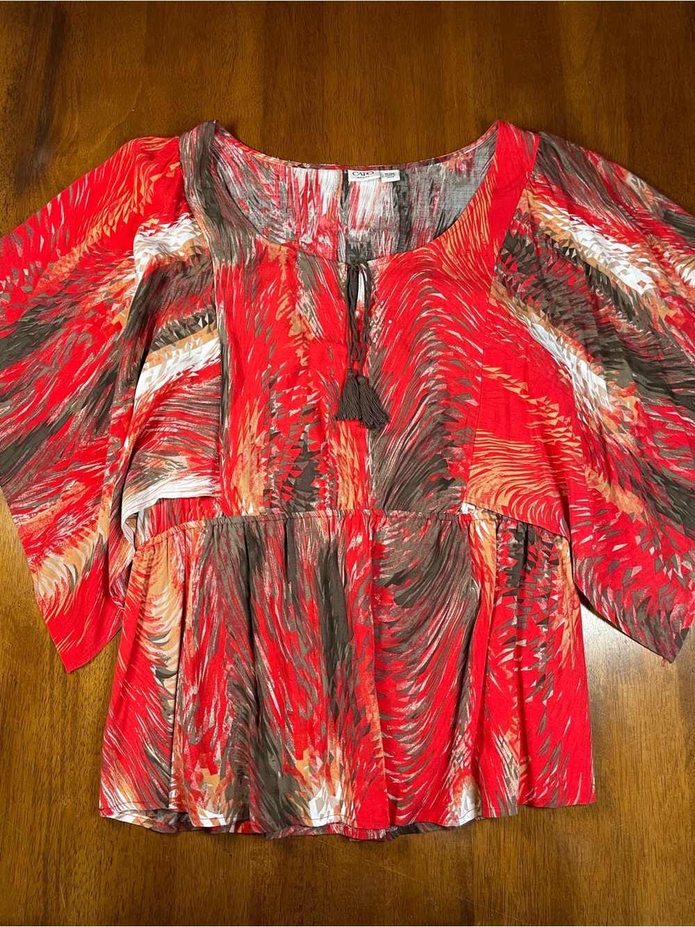 Cato Red Multi-Color Swirl Boho Peasant Kimono Top with Tassel
